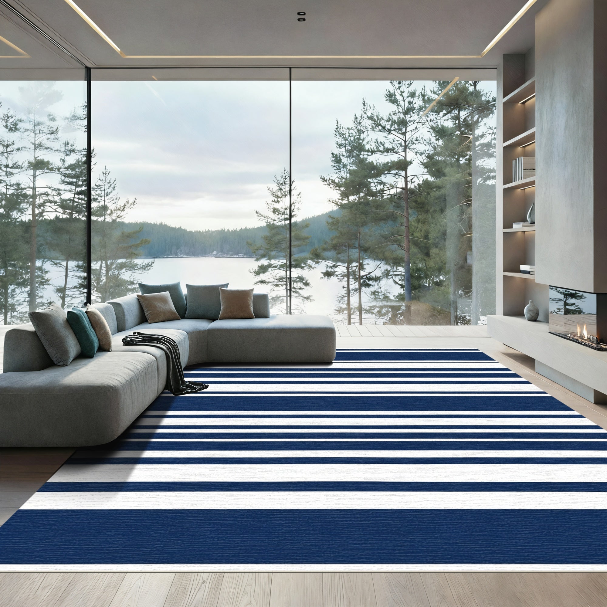 Bold Navy White Horizontal Stripe Rug