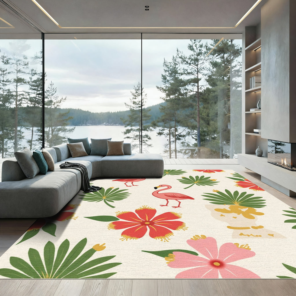 Pink Flamingos With Red Tropical Flowers Rug
