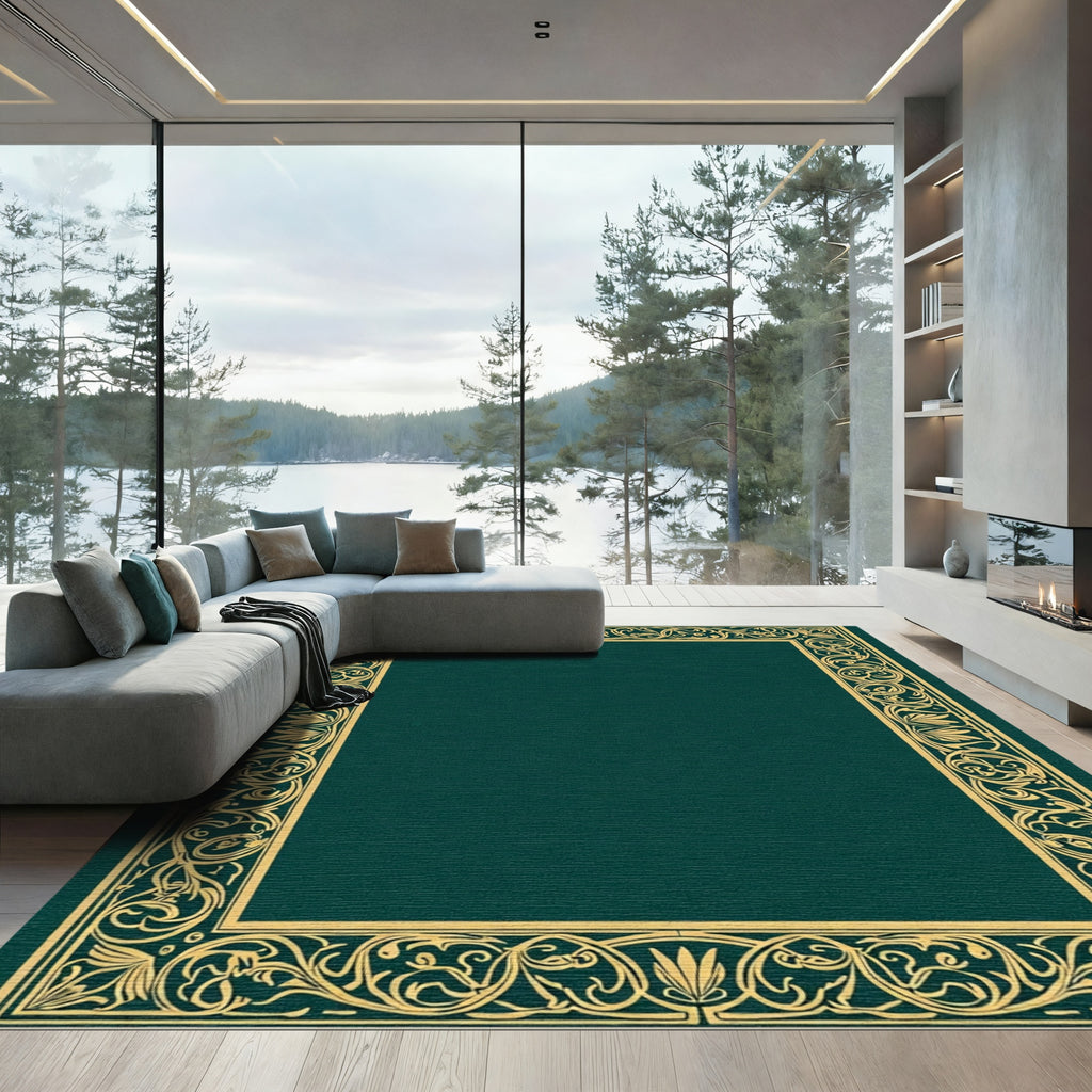 Gold Art Nouveau Leaf Frame Border Rug