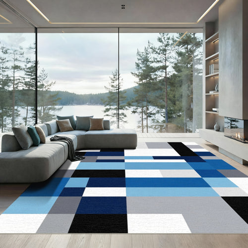 Abstract Blue Gray White Squares Rug