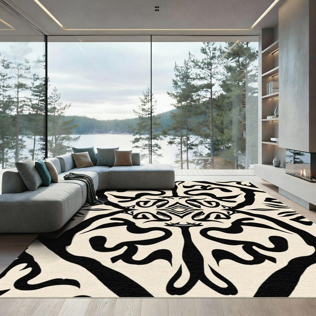 Cream Black Abstract Symmetry Rug