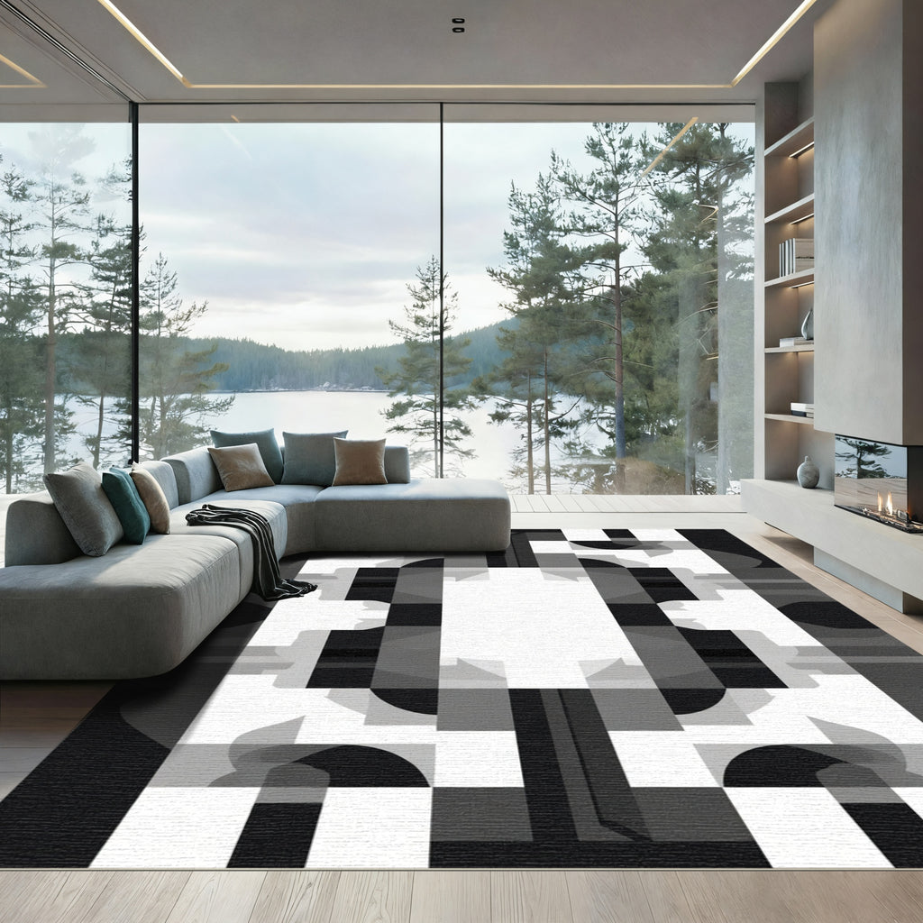 Modern Black White Geometric Collage Rug
