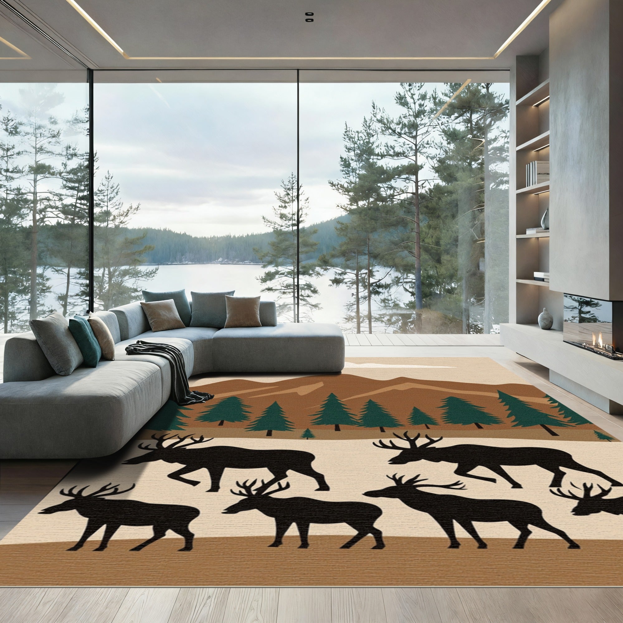 Woodland Elk Herd Mountain Landscape Rug