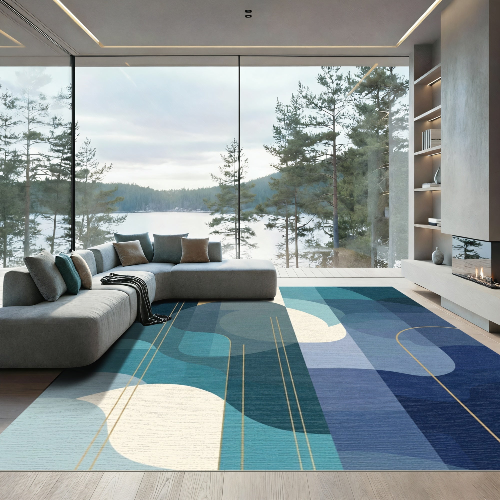 Modern Blue Abstract Waves Geometric Rug