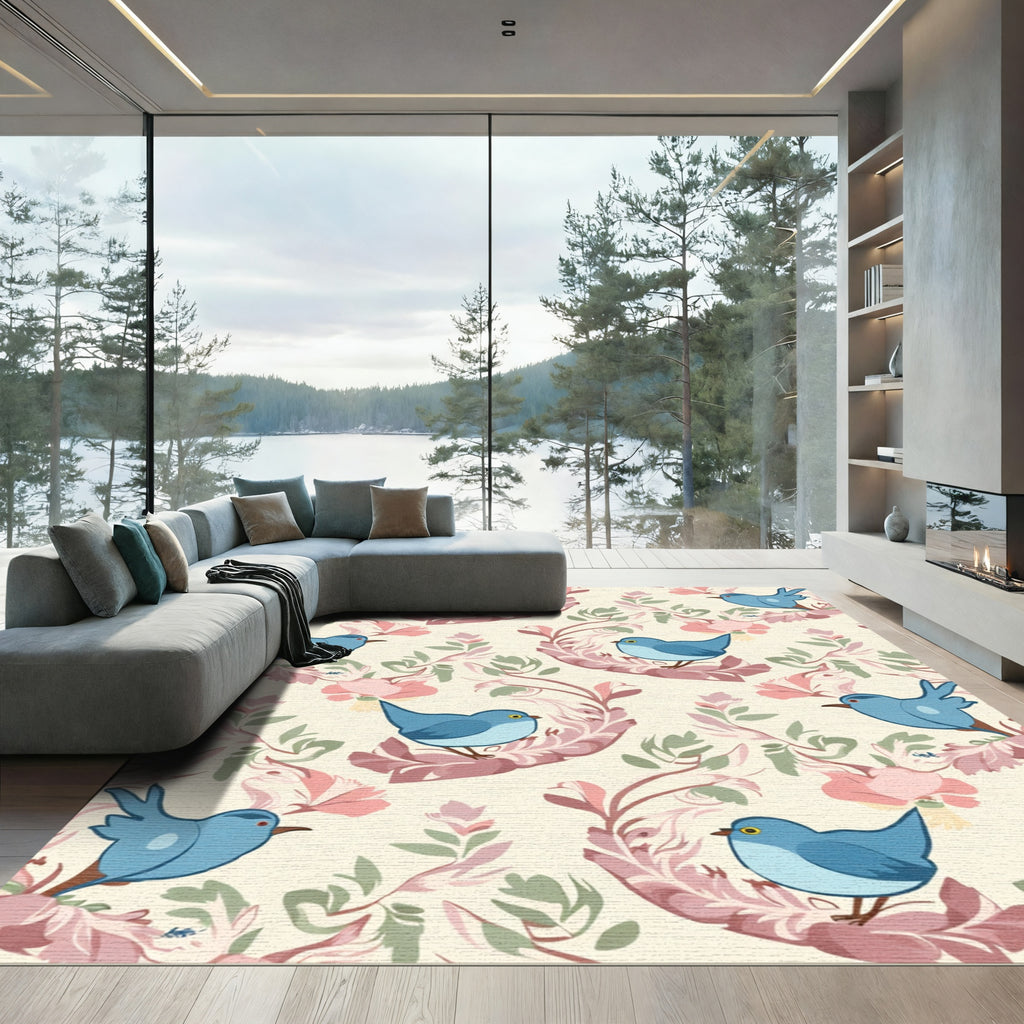 Blue Birds On Pink Floral Branches Rug