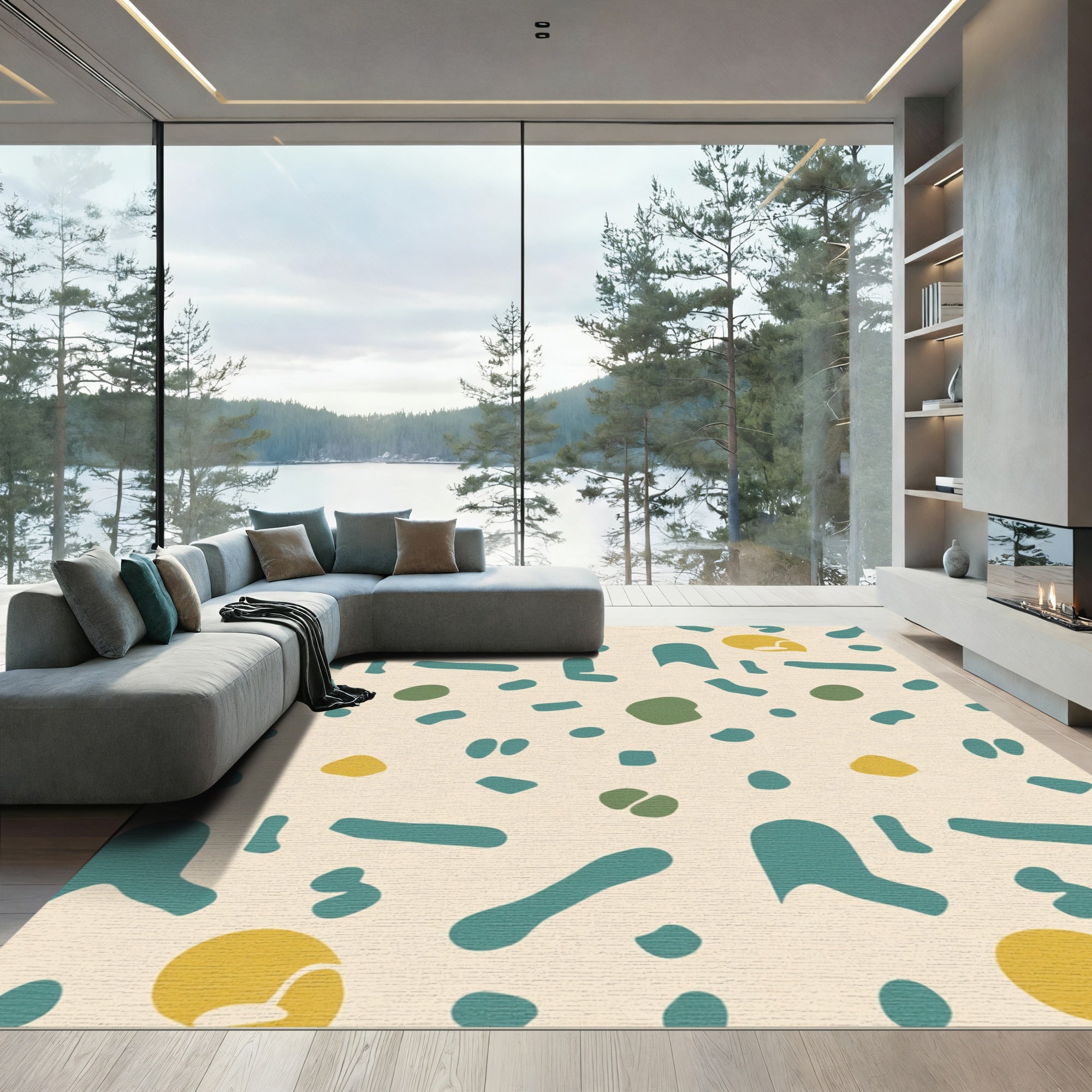 Teal Mustard Organic Abstract Shapes Rug