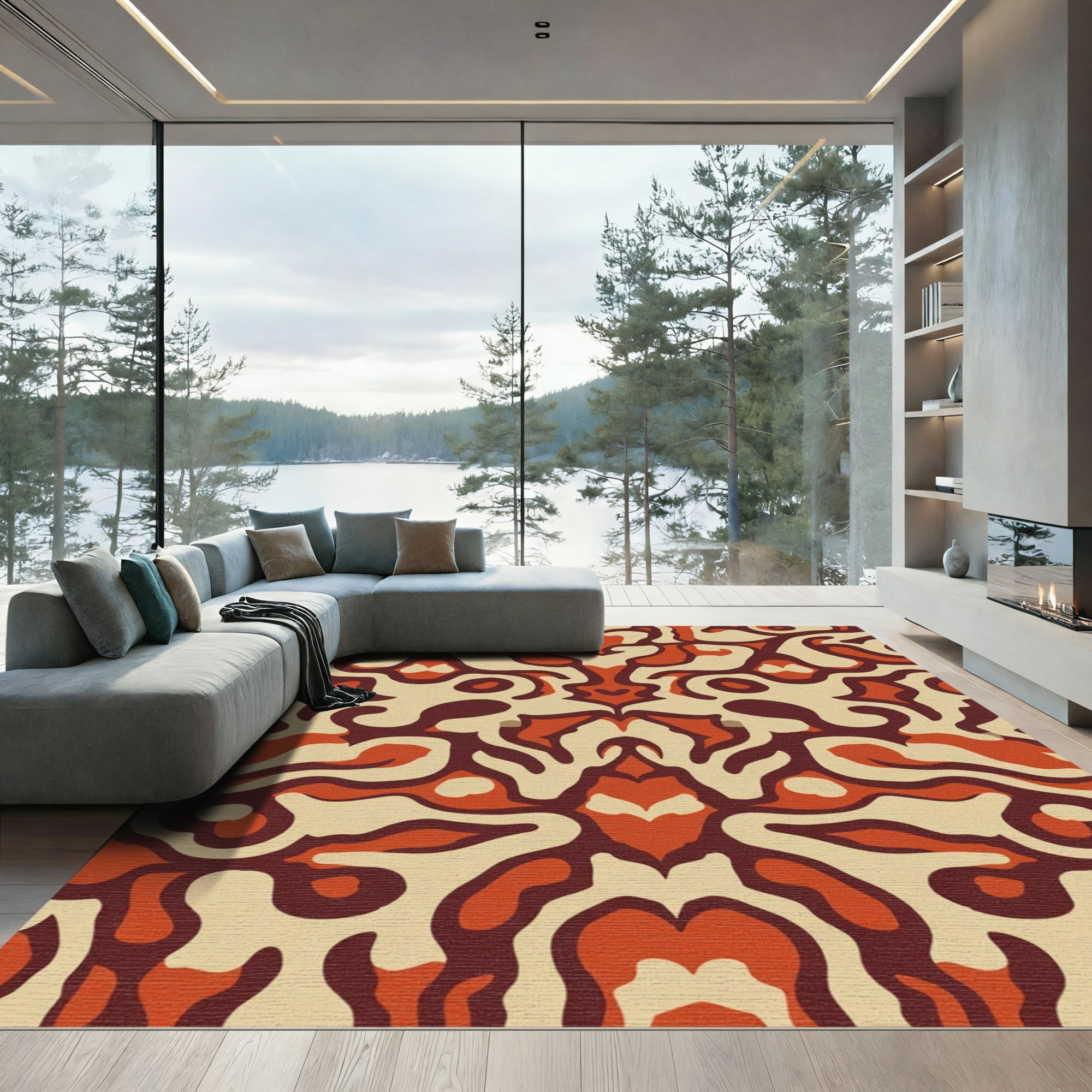 Burnt Orange Cream Abstract Swirl Rug