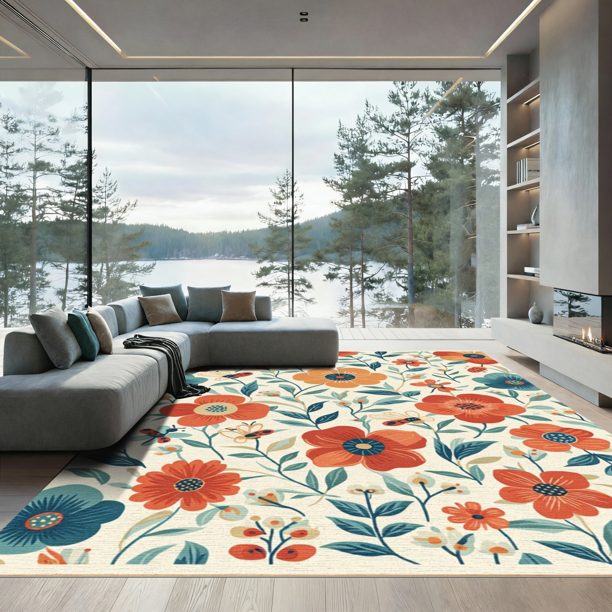 Whimsical Red Orange Floral Garden Bugs Rug
