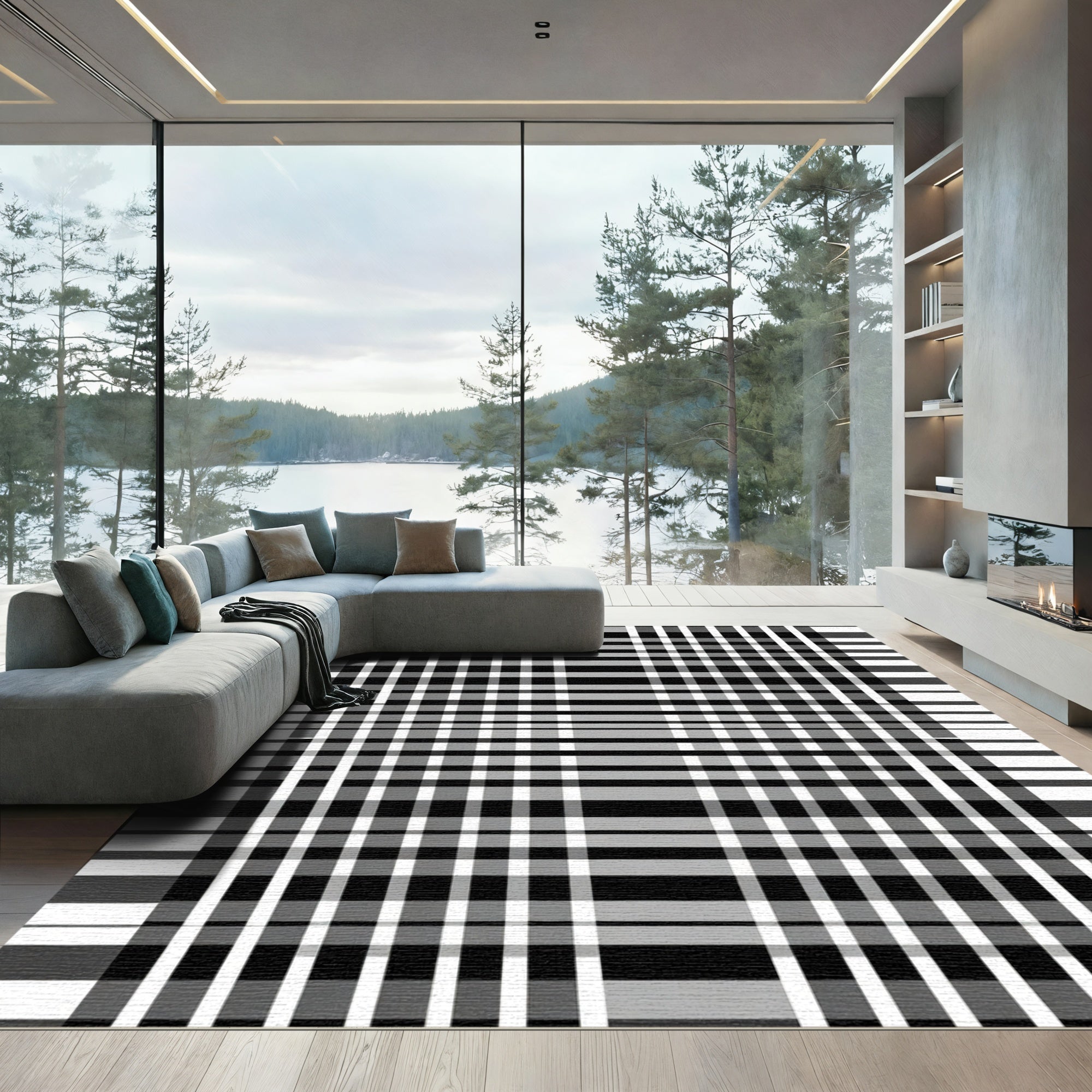 Black White Gray Linear Checkered Rug