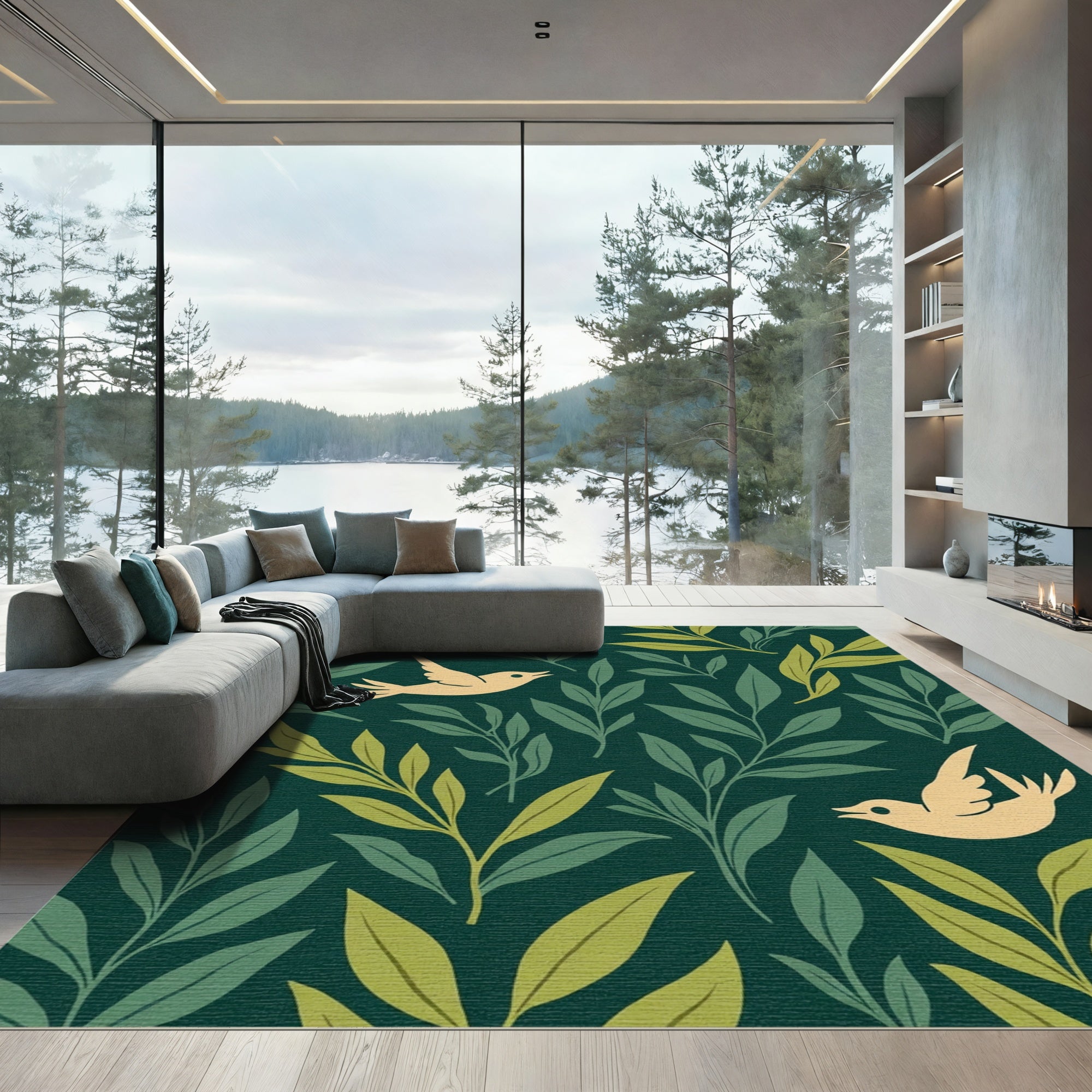 Golden Birds Among Lush Green Leaves Rug