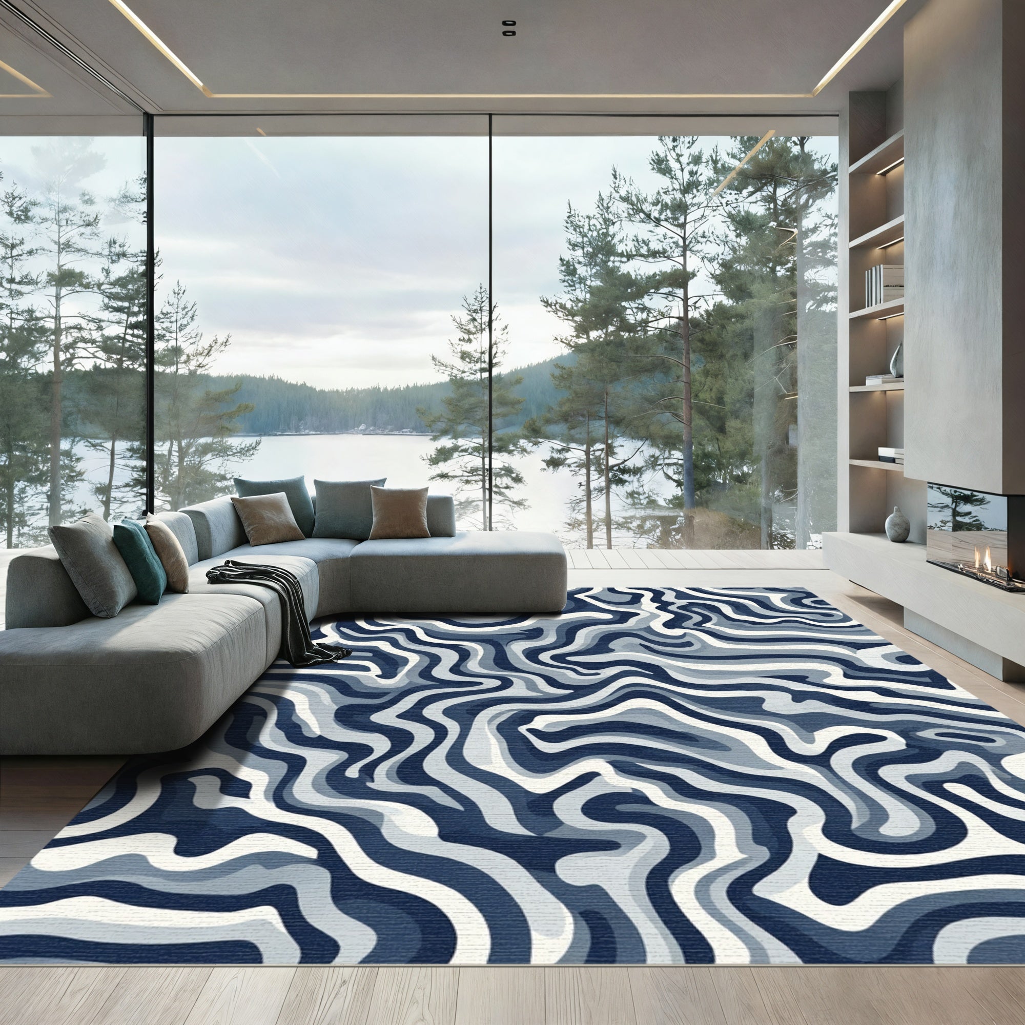 Navy Blue Abstract Swirl Lines Rug