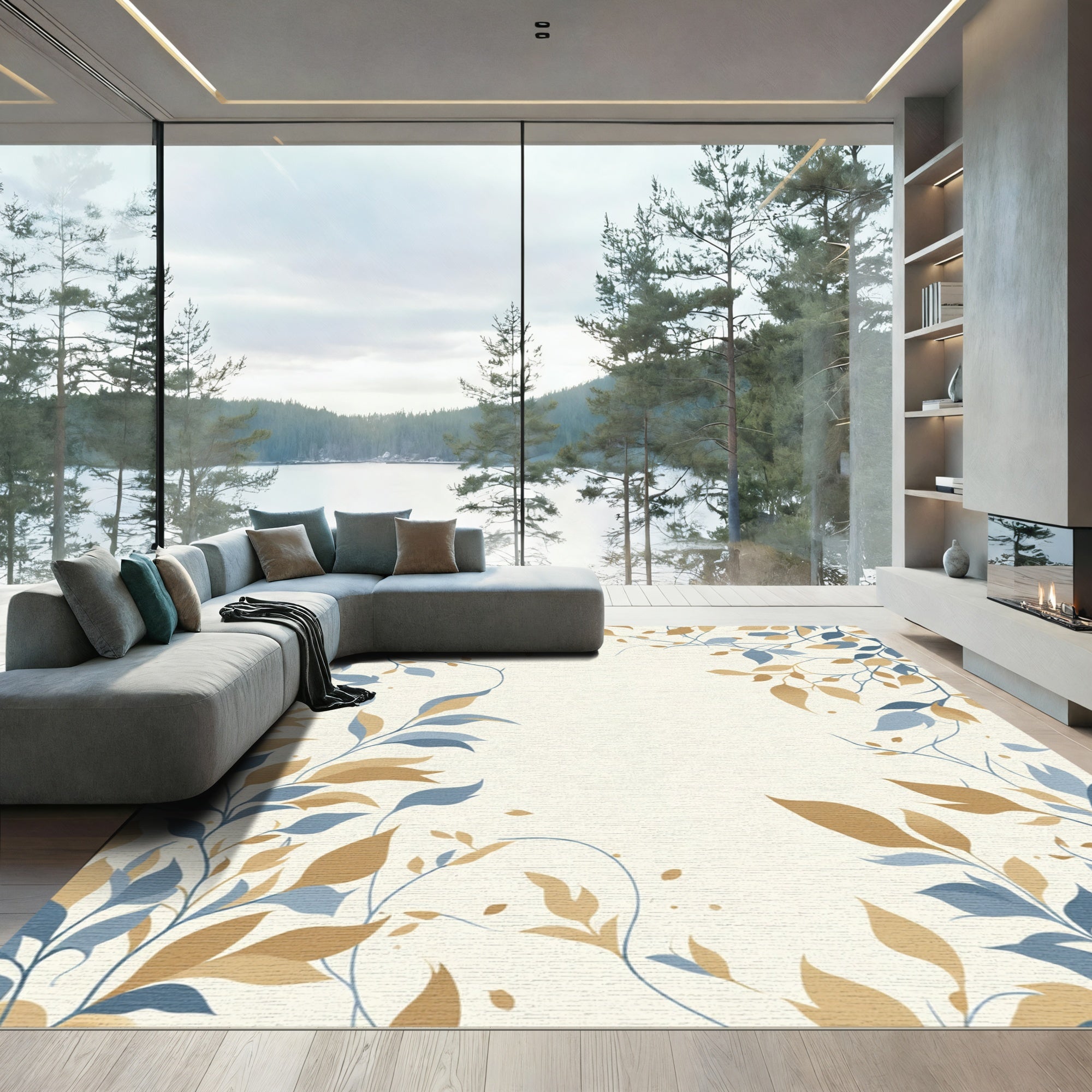 Gold Blue Leafy Vines Arrangement Rug