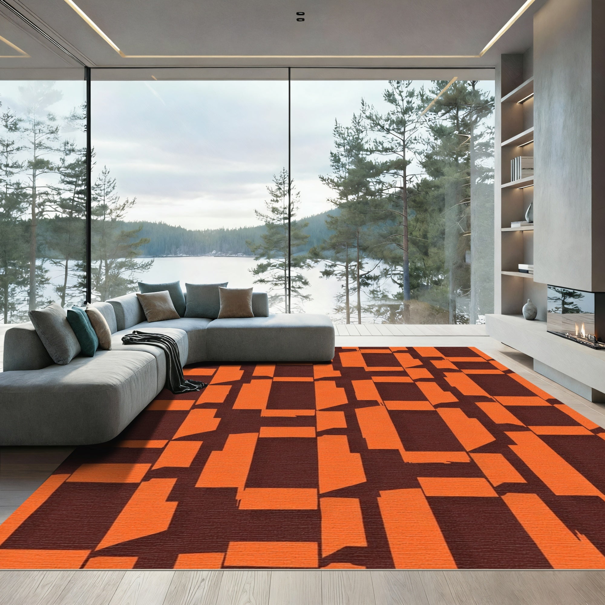 Orange Brown Geometric Blocks Rug