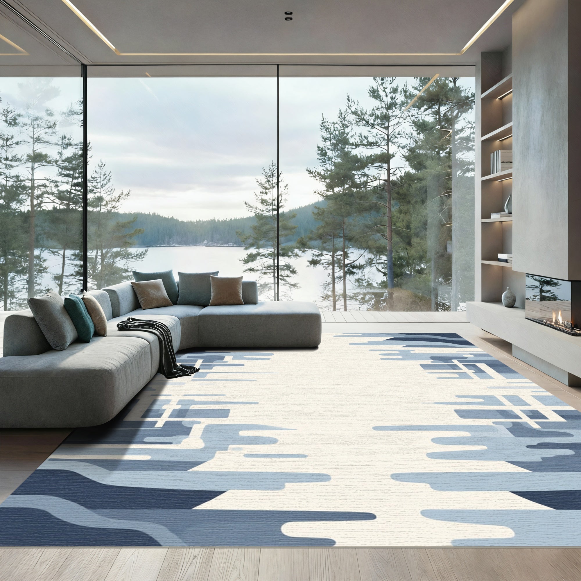 Cool Blue Abstract Landscape Rug