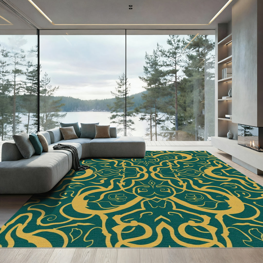 Teal Gold Baroque Scrollwork Rug