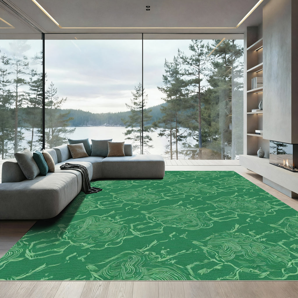 Green White Abstract Botanical Swirl Rug