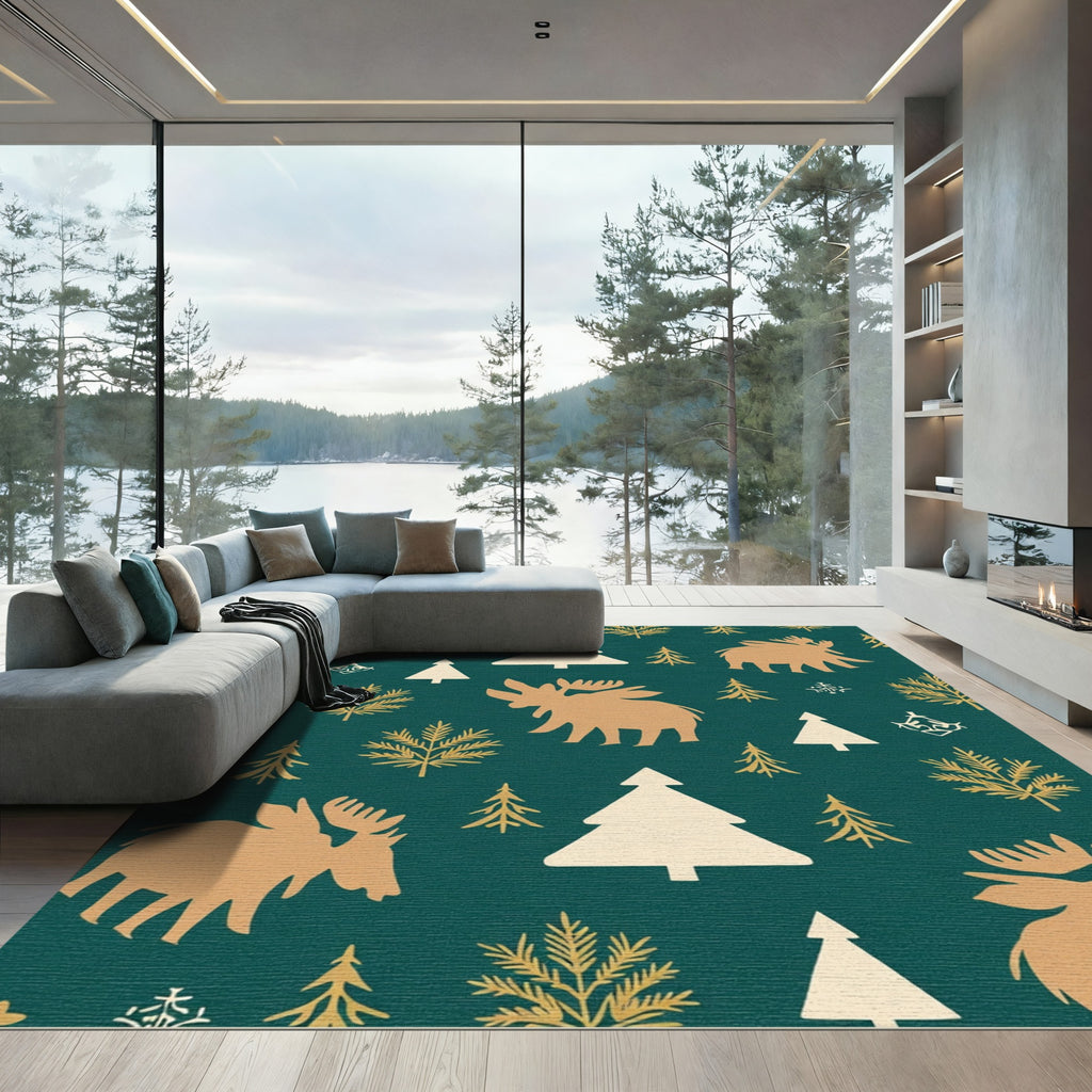 Golden Moose Evergreen Forest Scatter Rug