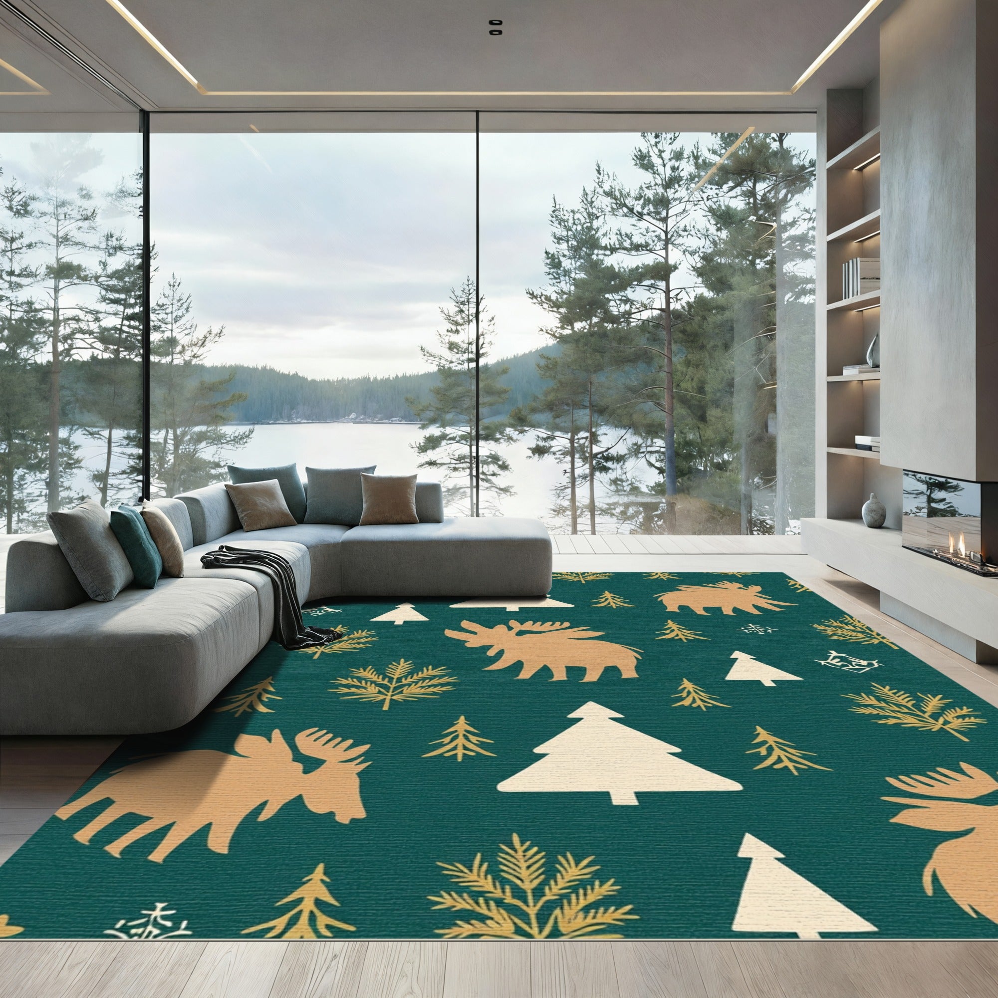 Golden Moose Evergreen Forest Scatter Rug
