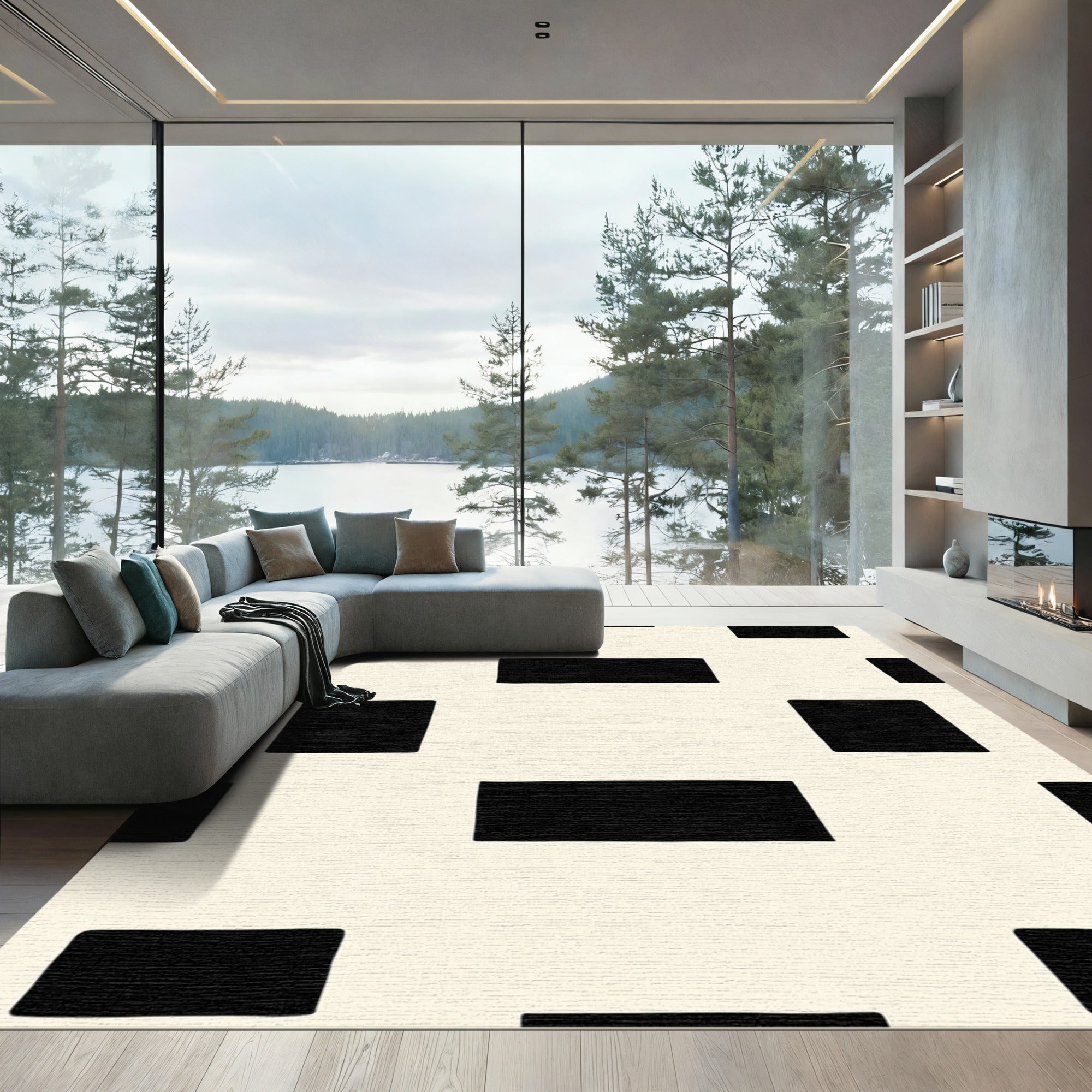Black White Grid Rectangles Rug