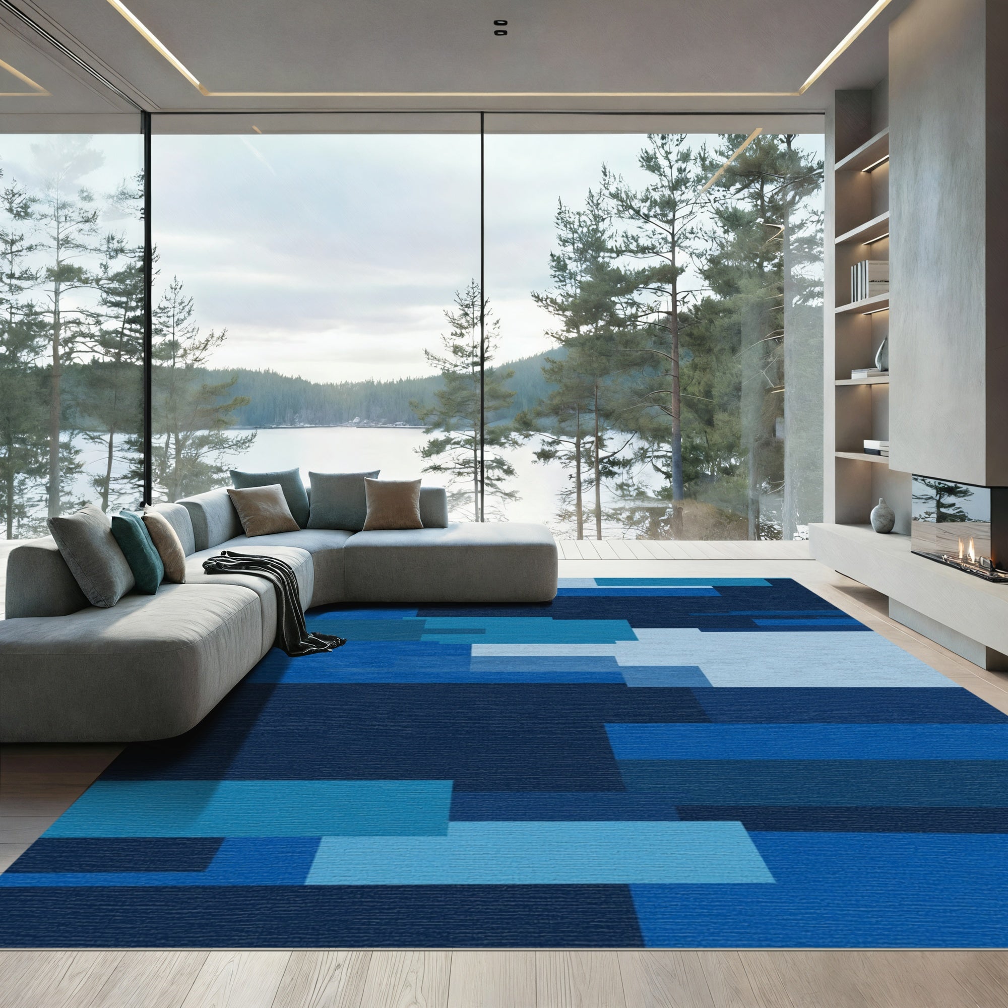Modern Blue Rectangles Abstract Overlay Rug