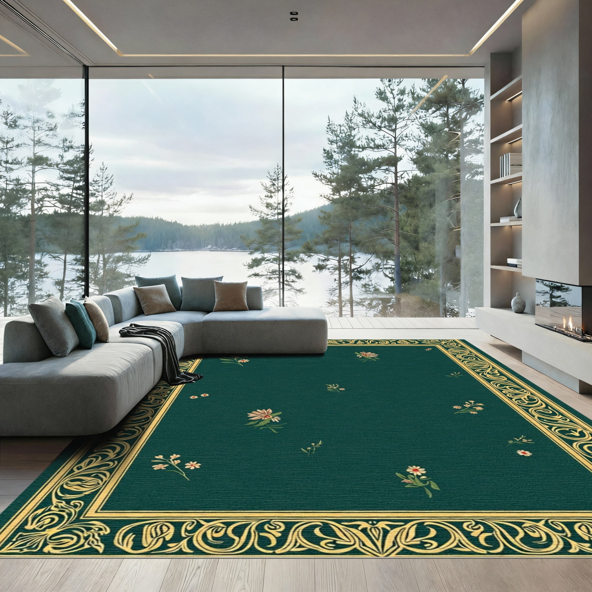 Emerald Green Floral Vine Border Rug