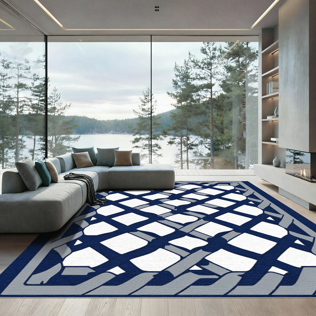 Navy Gray Lattice Weave Rug