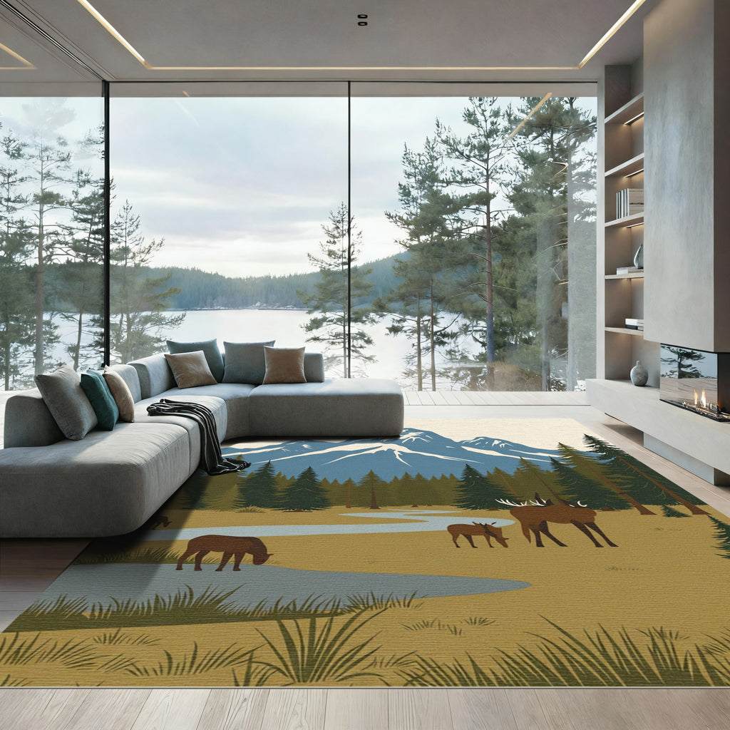 Woodland Mountain Deer Landscape Scene Rug