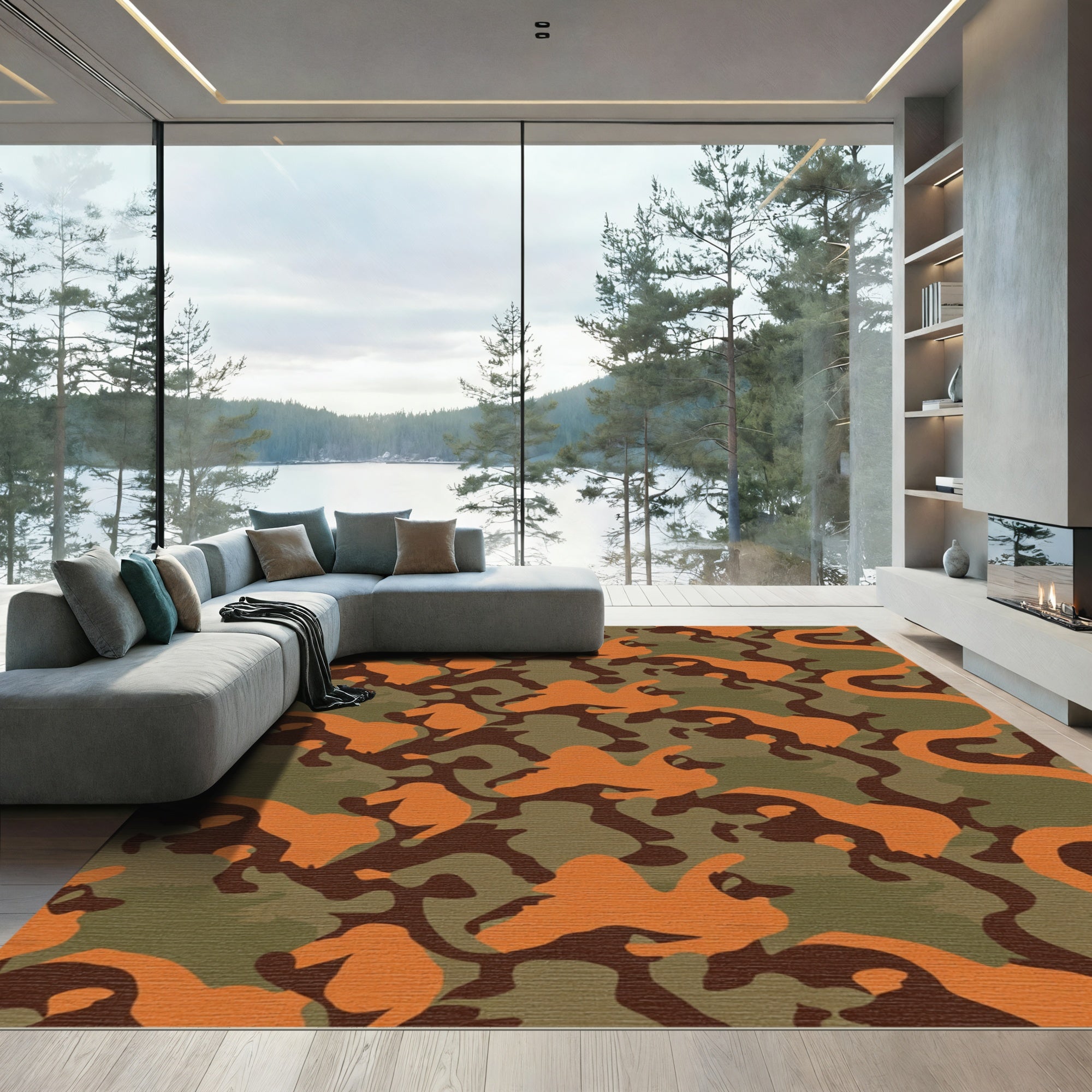 Orange Brown Green Camouflage Abstract Rug