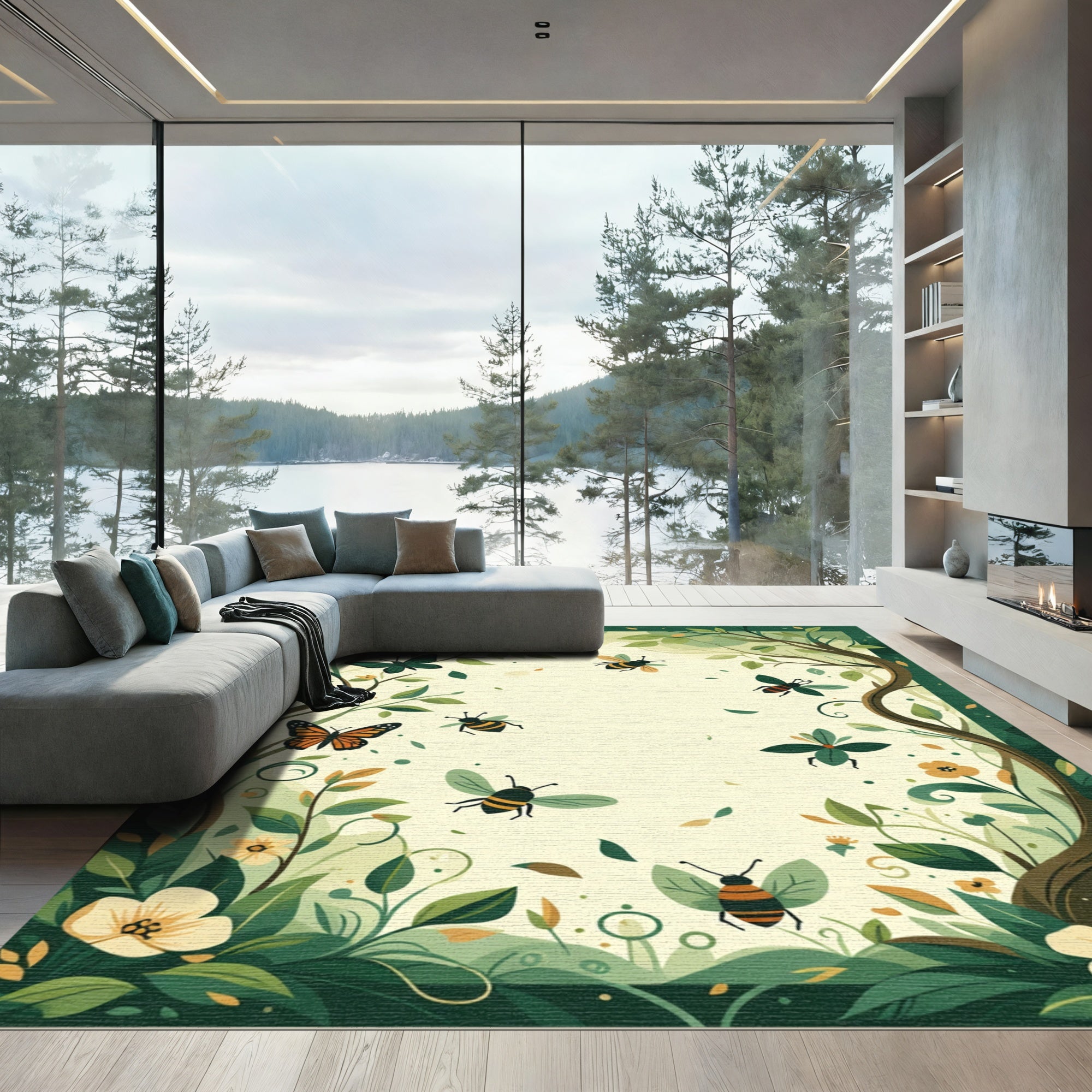 Whimsical Garden Butterflies and Bees Rug