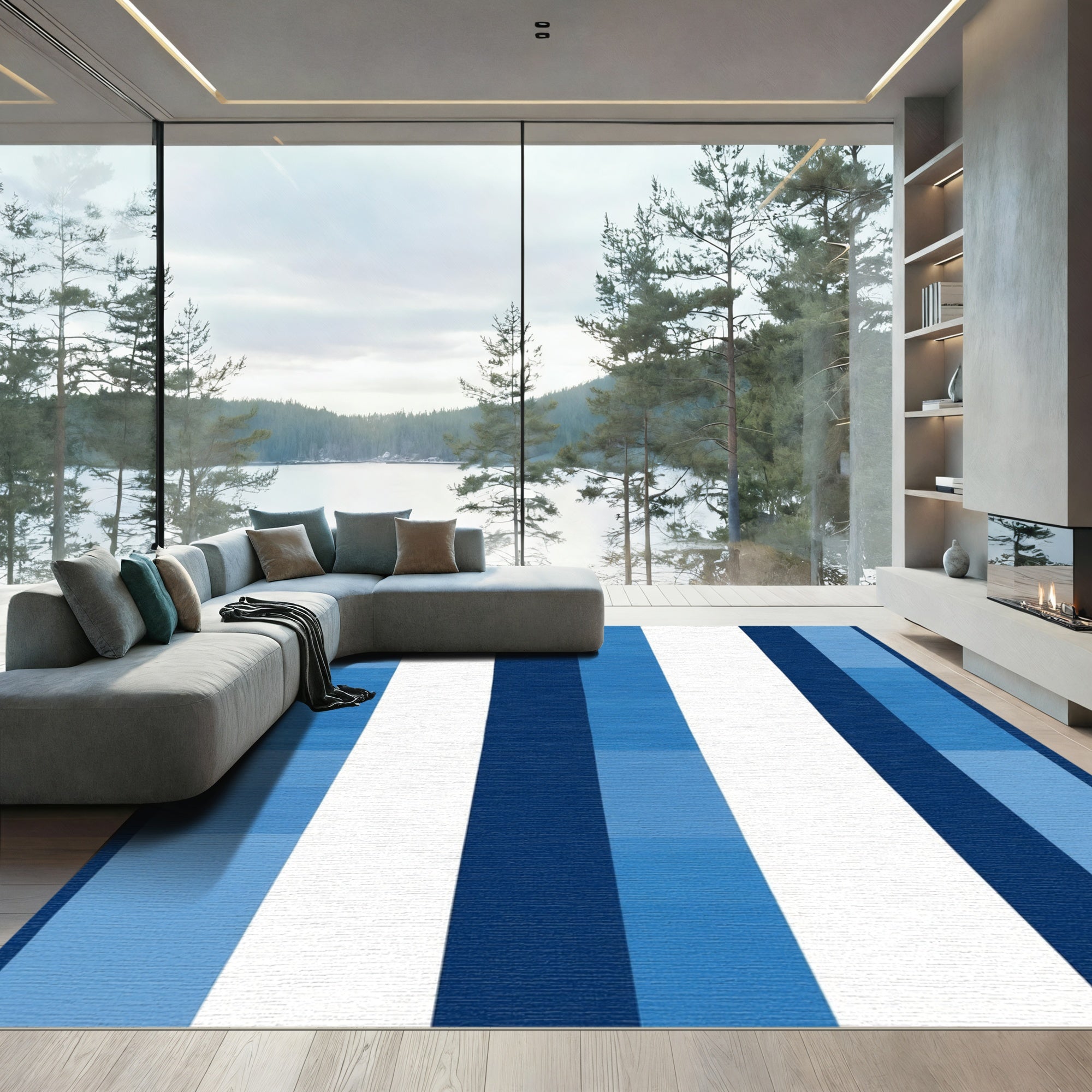 Deep Blues White Vertical Stripe Rug