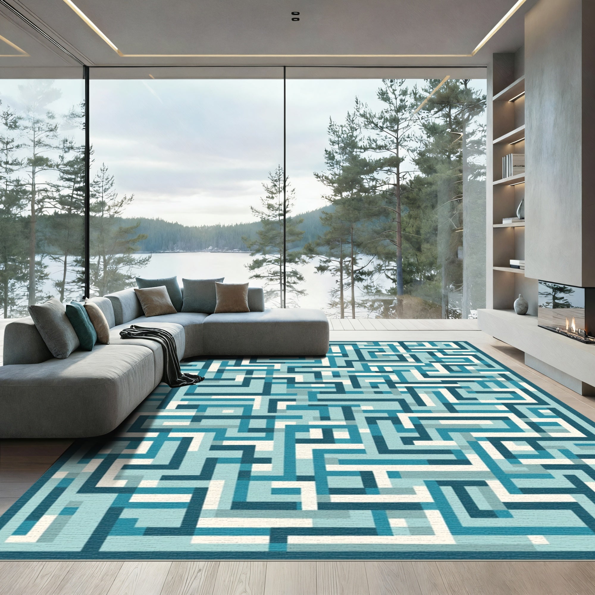 Aqua White Geometric Maze Rug