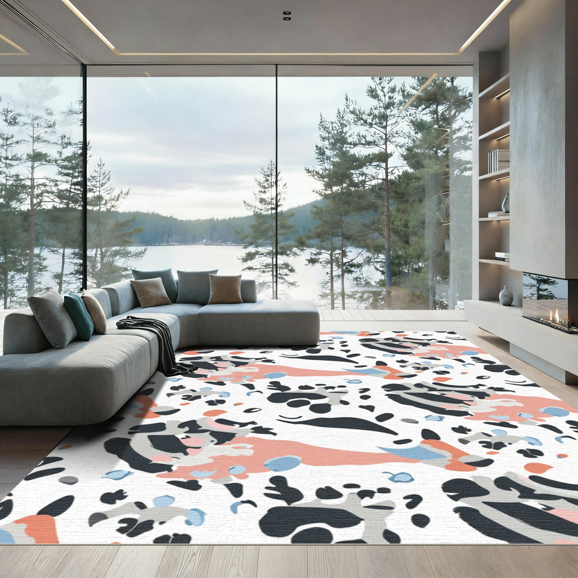 Abstract Peach Black Gray Swirl Collage Rug