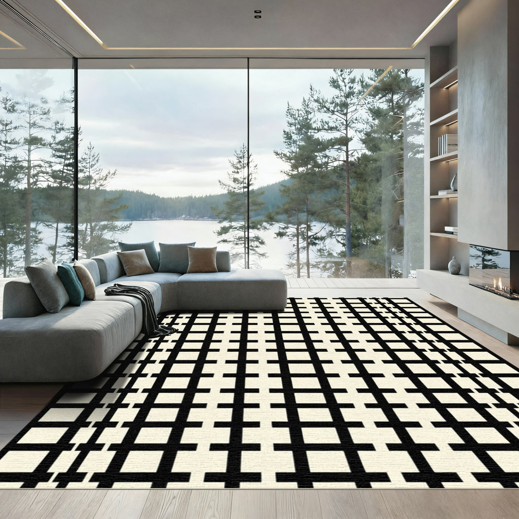 Cream Black Geometric Grid Rug