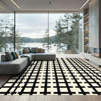 Cream Black Geometric Grid Rug