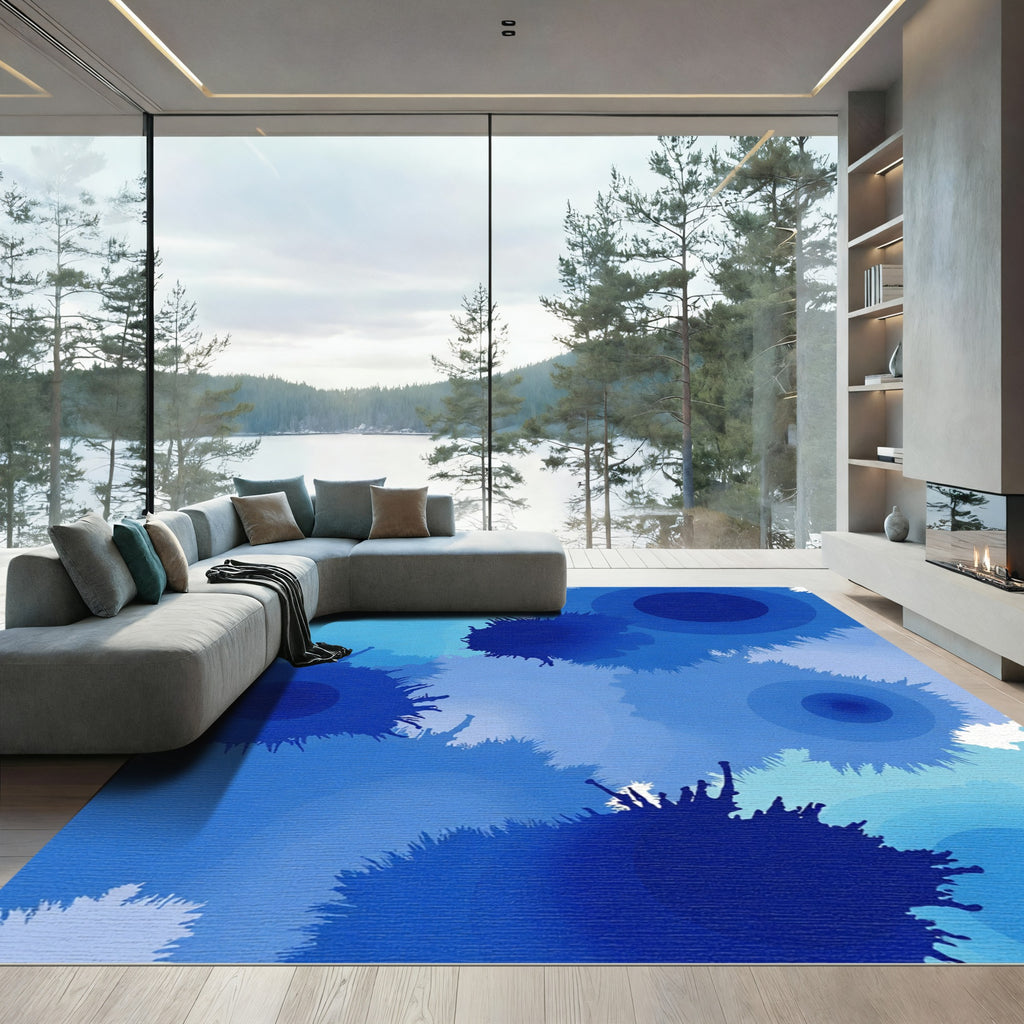 Deep Blue Ink Splatter Circles Rug