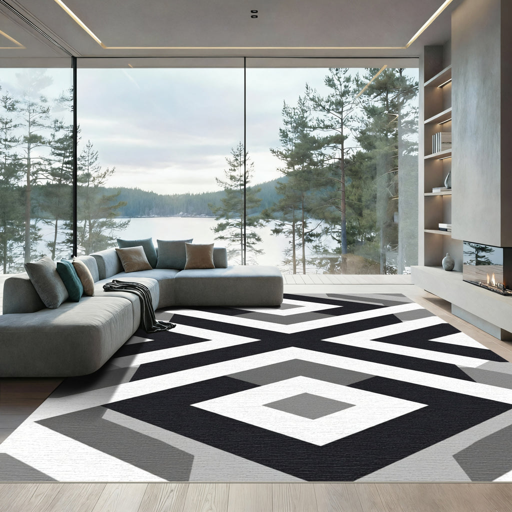 Geometric Diamond Inlay Black White Rug