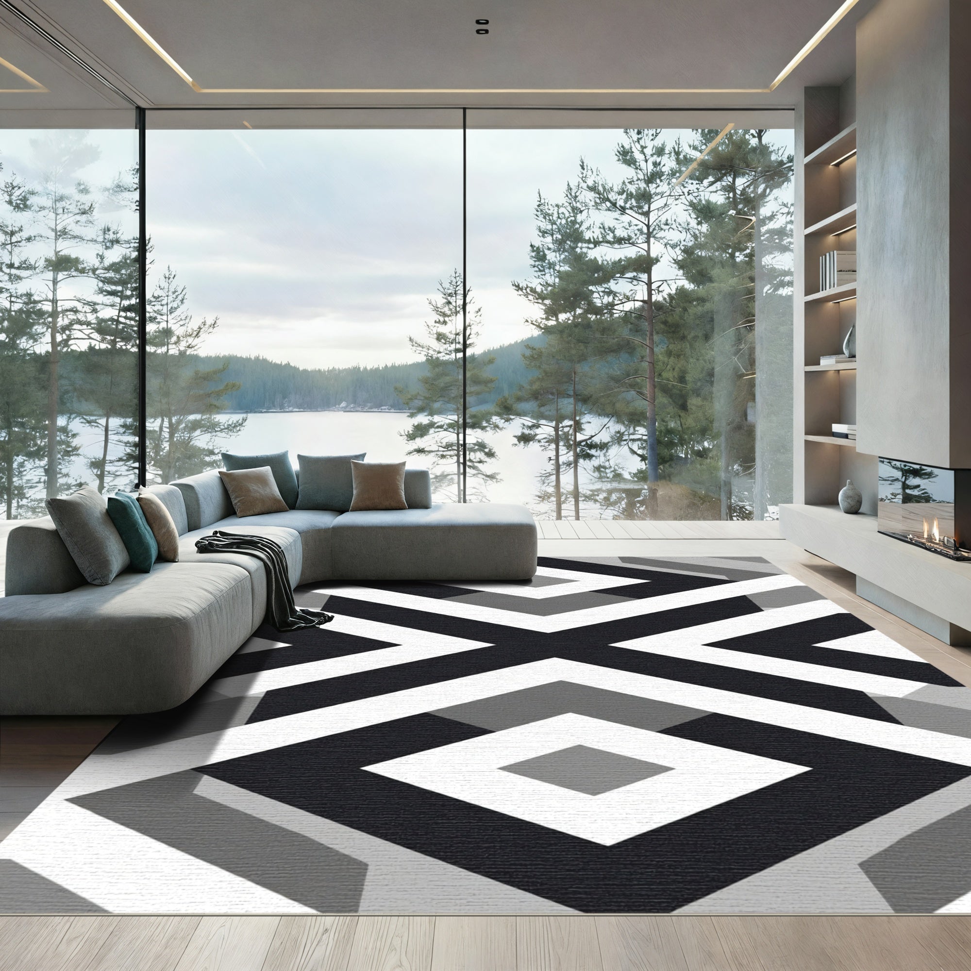 Geometric Diamond Inlay Black White Rug