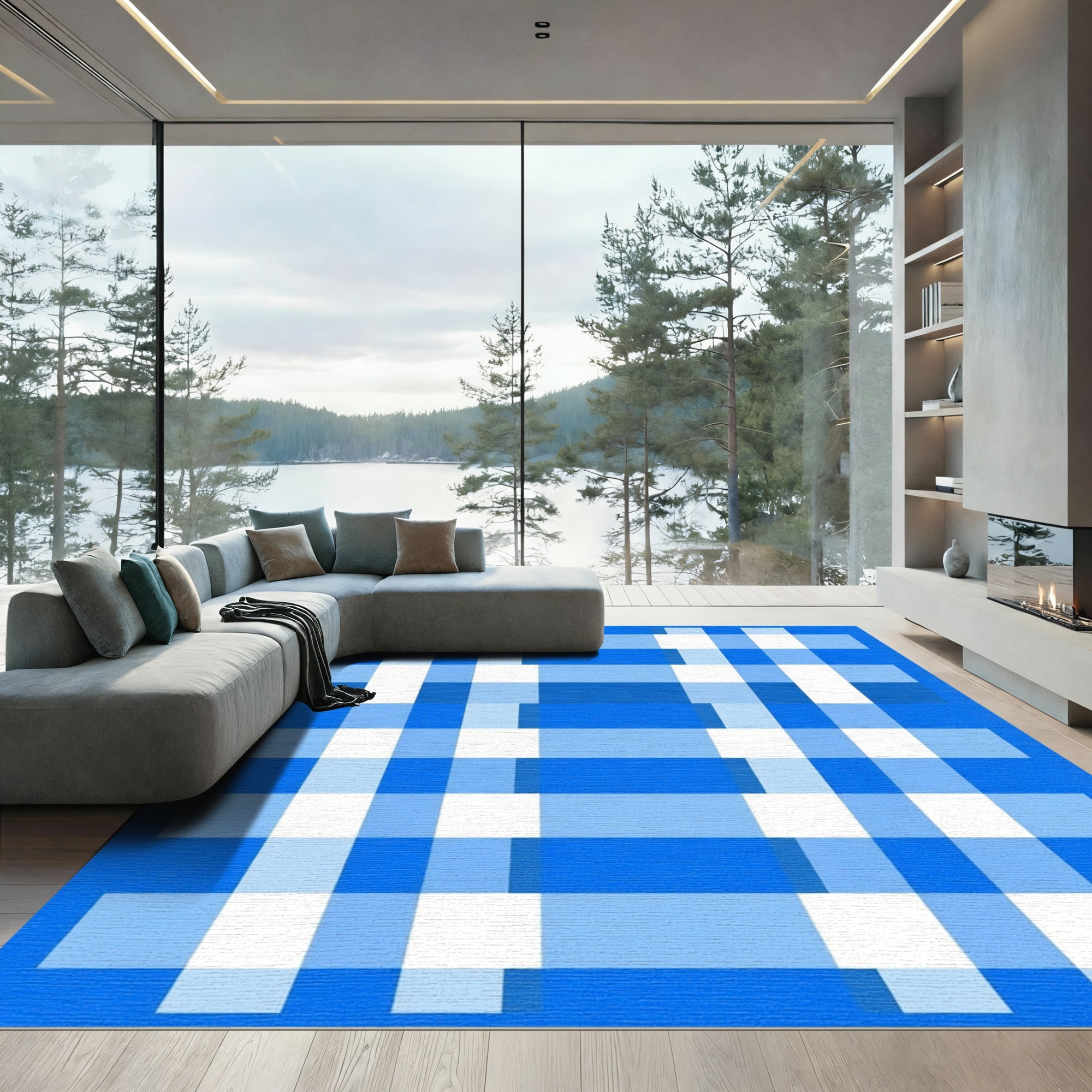 Modern Blue White Plaid Grid Rug