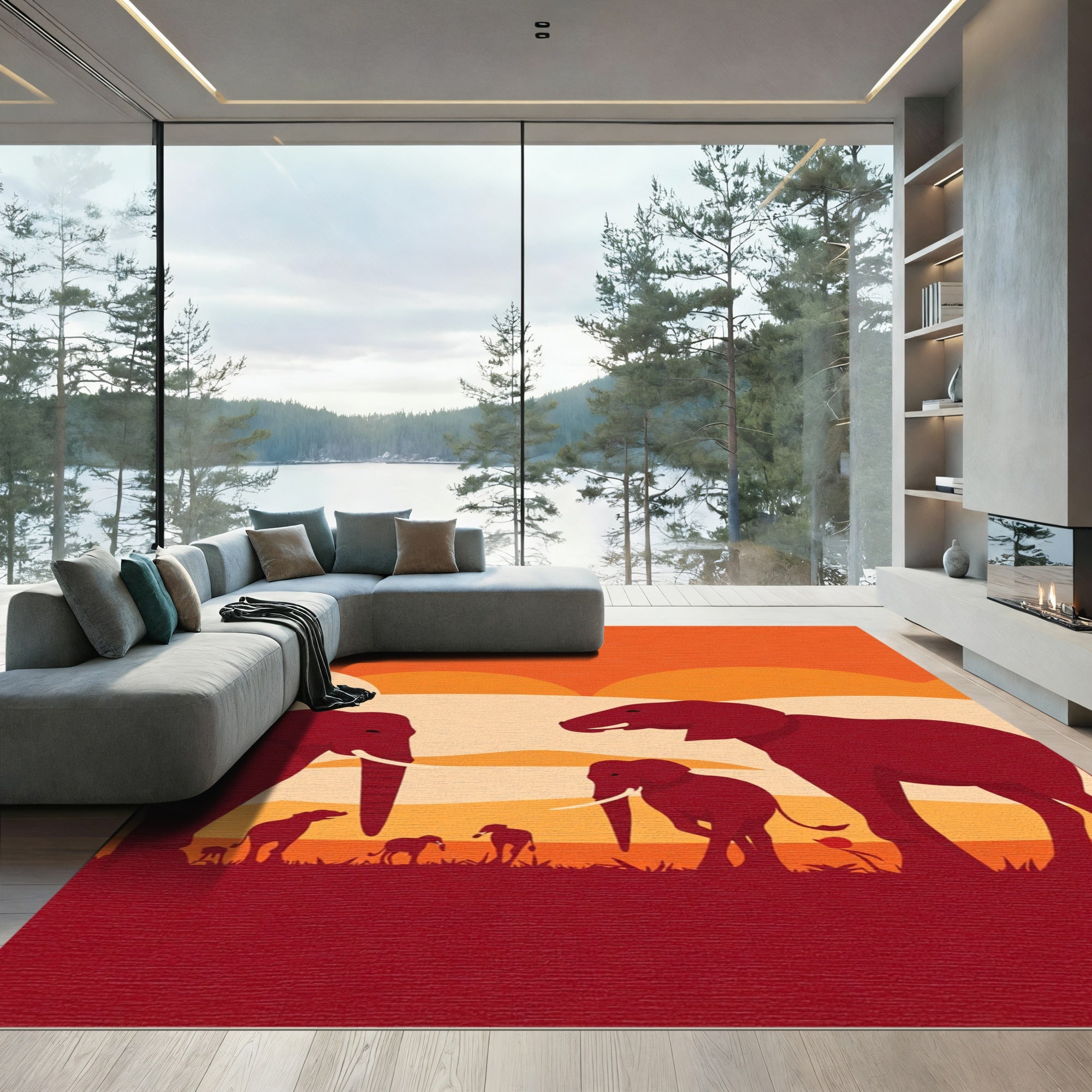 Crimson Elephants Sunset Savannah Landscape Rug