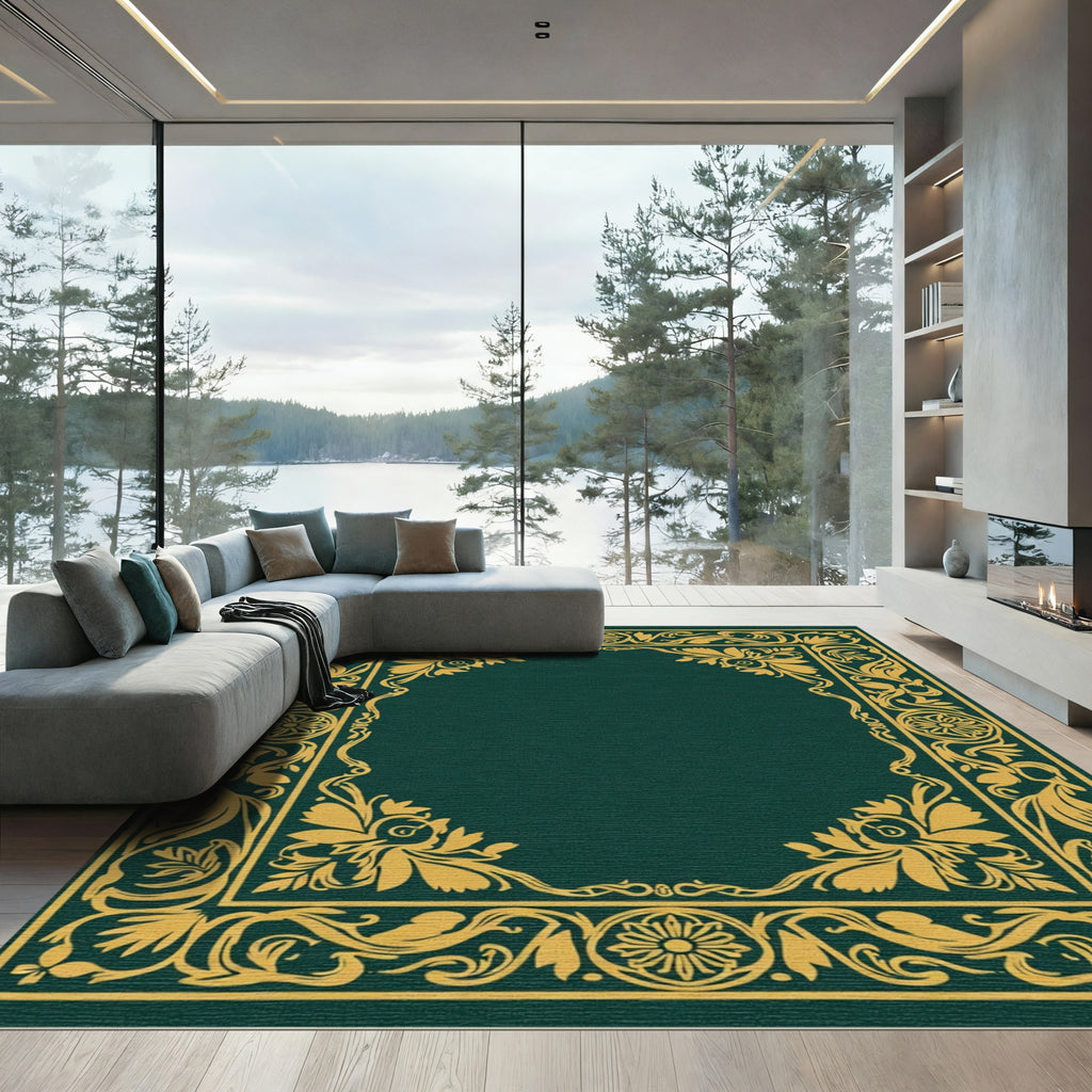 Emerald Green Golden Floral Border Rug