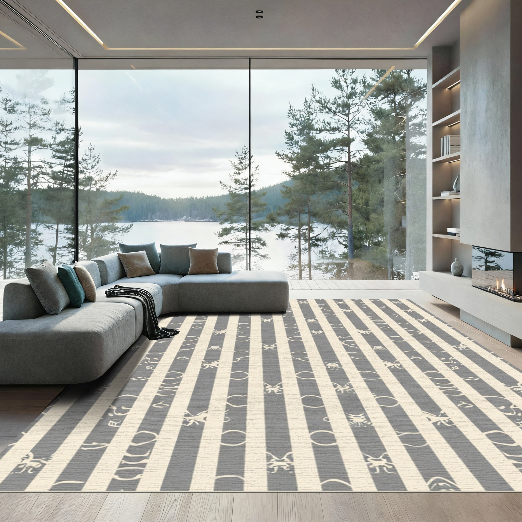 Gray Ivory Striped Butterfly Motif Rug
