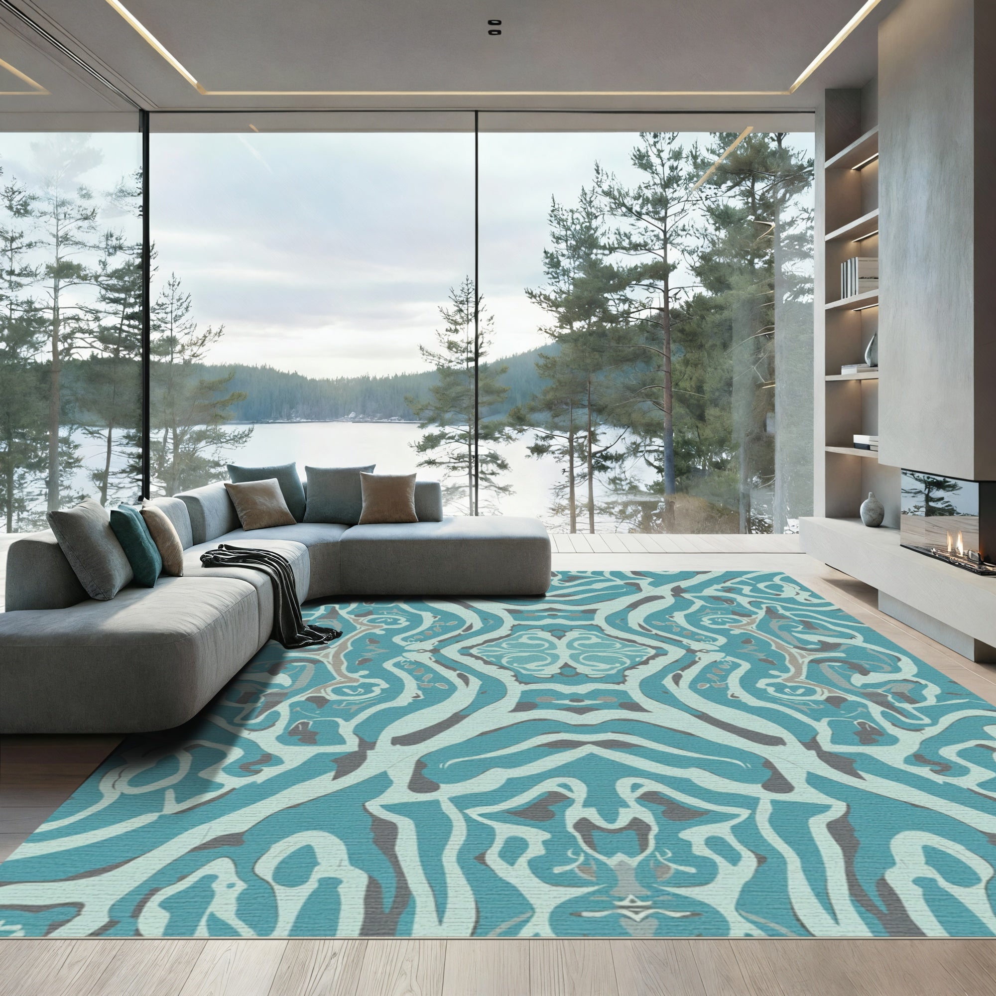Teal Gray Abstract Symmetric Swirls Rug