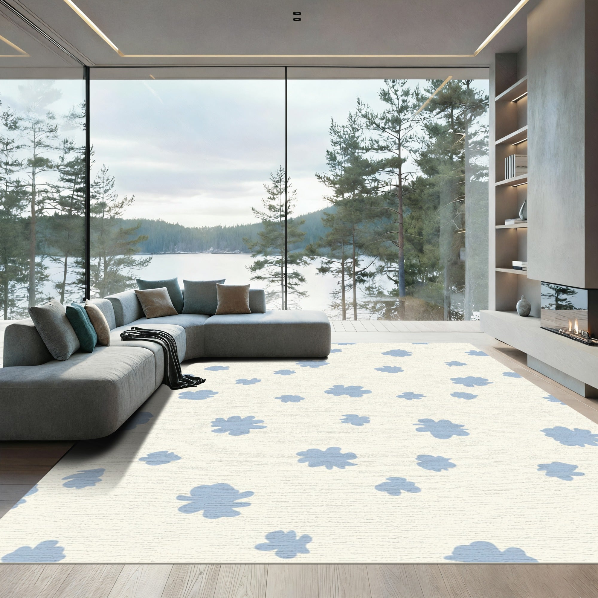 Pale Blue Simple Flower Scatter Rug
