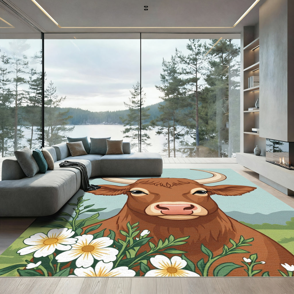 Brown Cow With White Flowers Meadow Rug