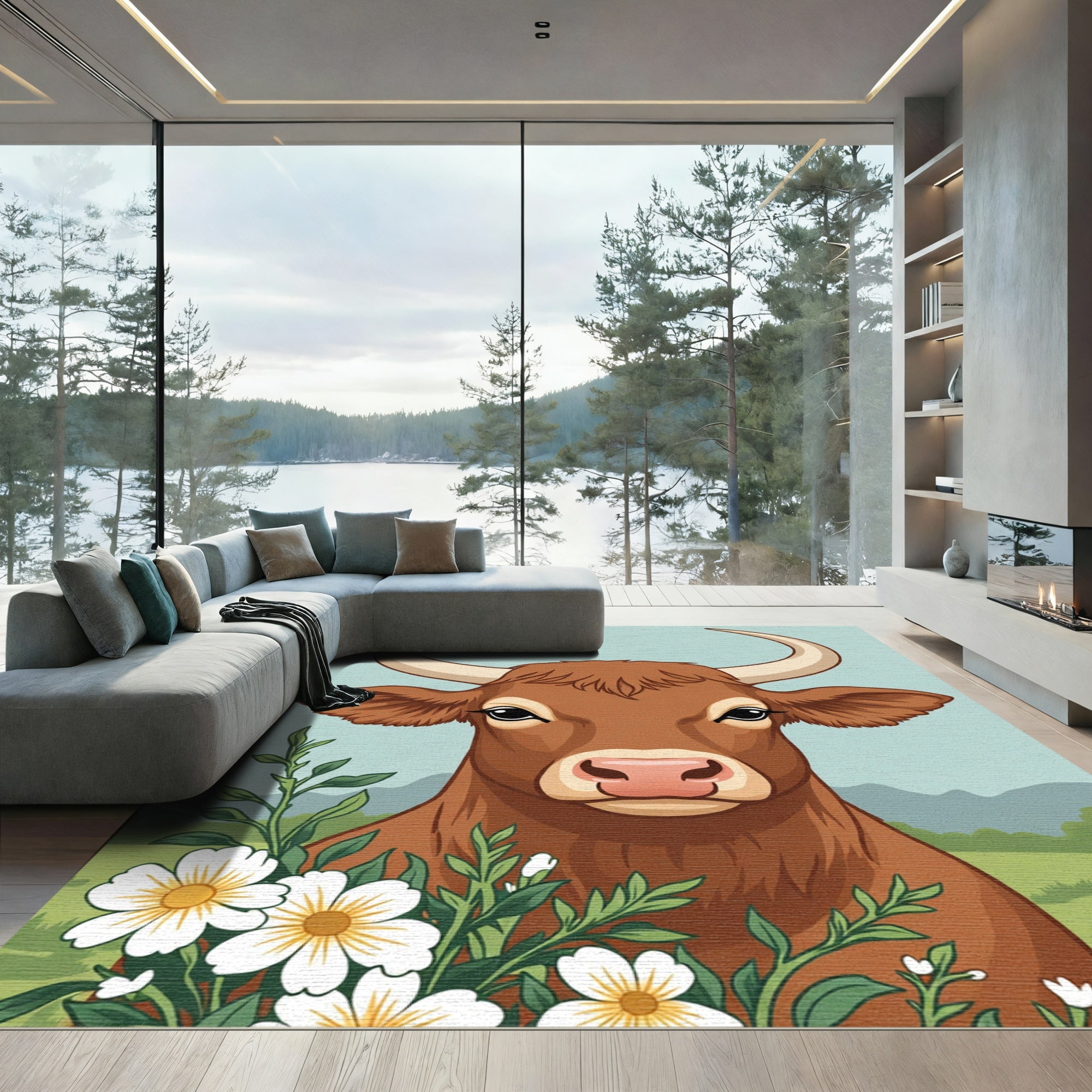 Brown Cow With White Flowers Meadow Rug