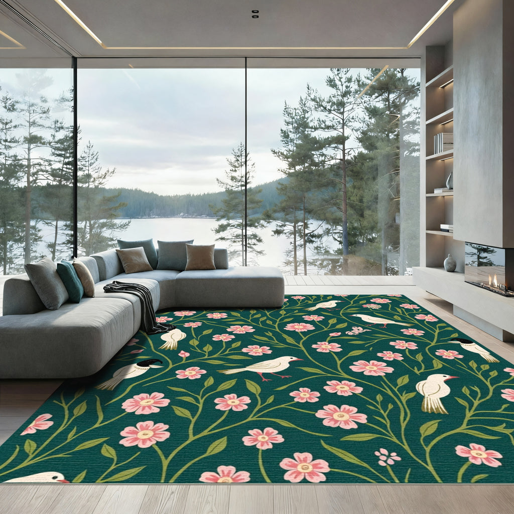 Dark Teal Pink Blossom Bird Garden Rug