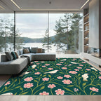 Dark Teal Pink Blossom Bird Garden Rug