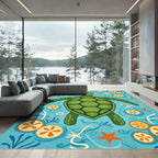 Playful Green Turtle Orange Slice Water Rug