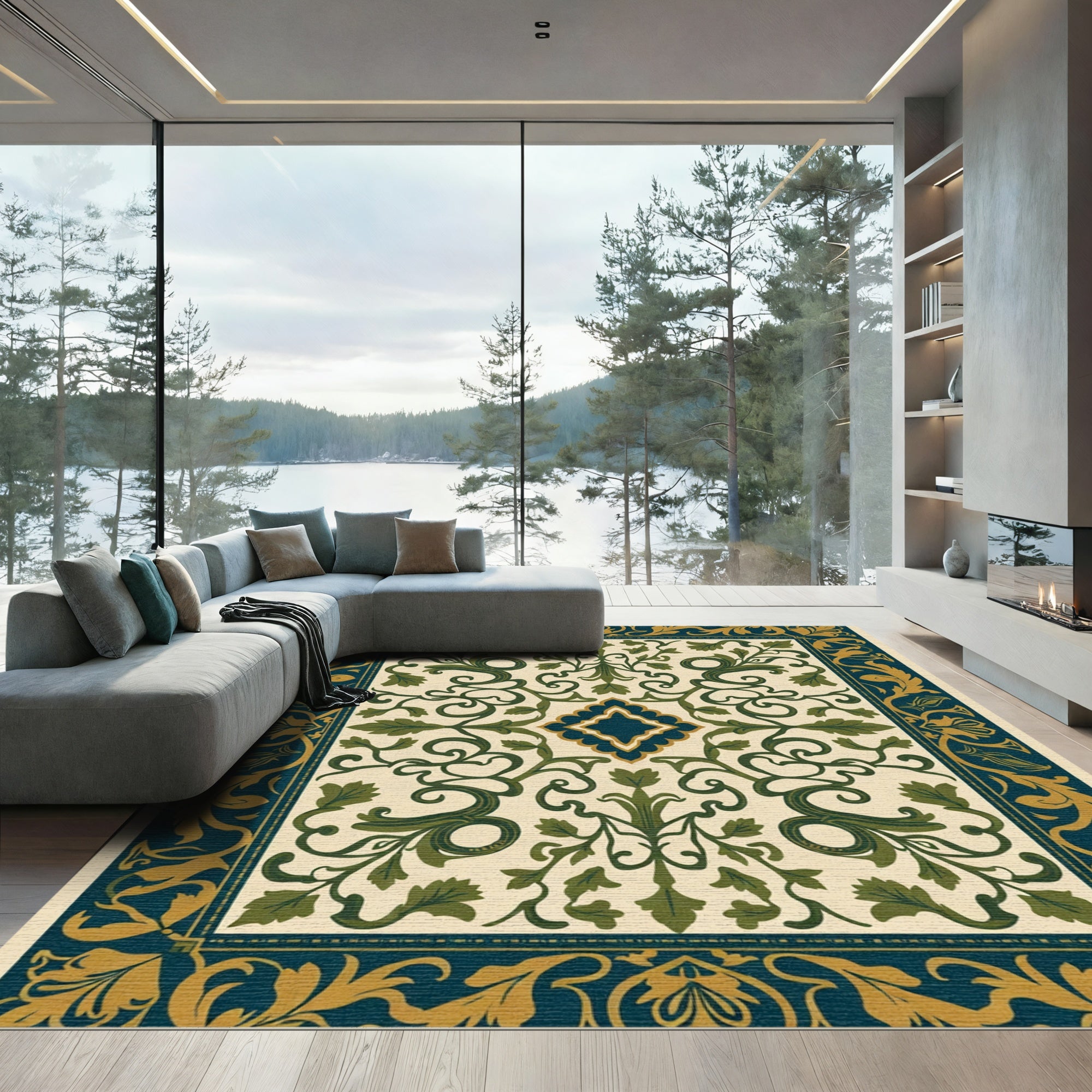 Deep Teal Gold Green Vine Medallion Rug