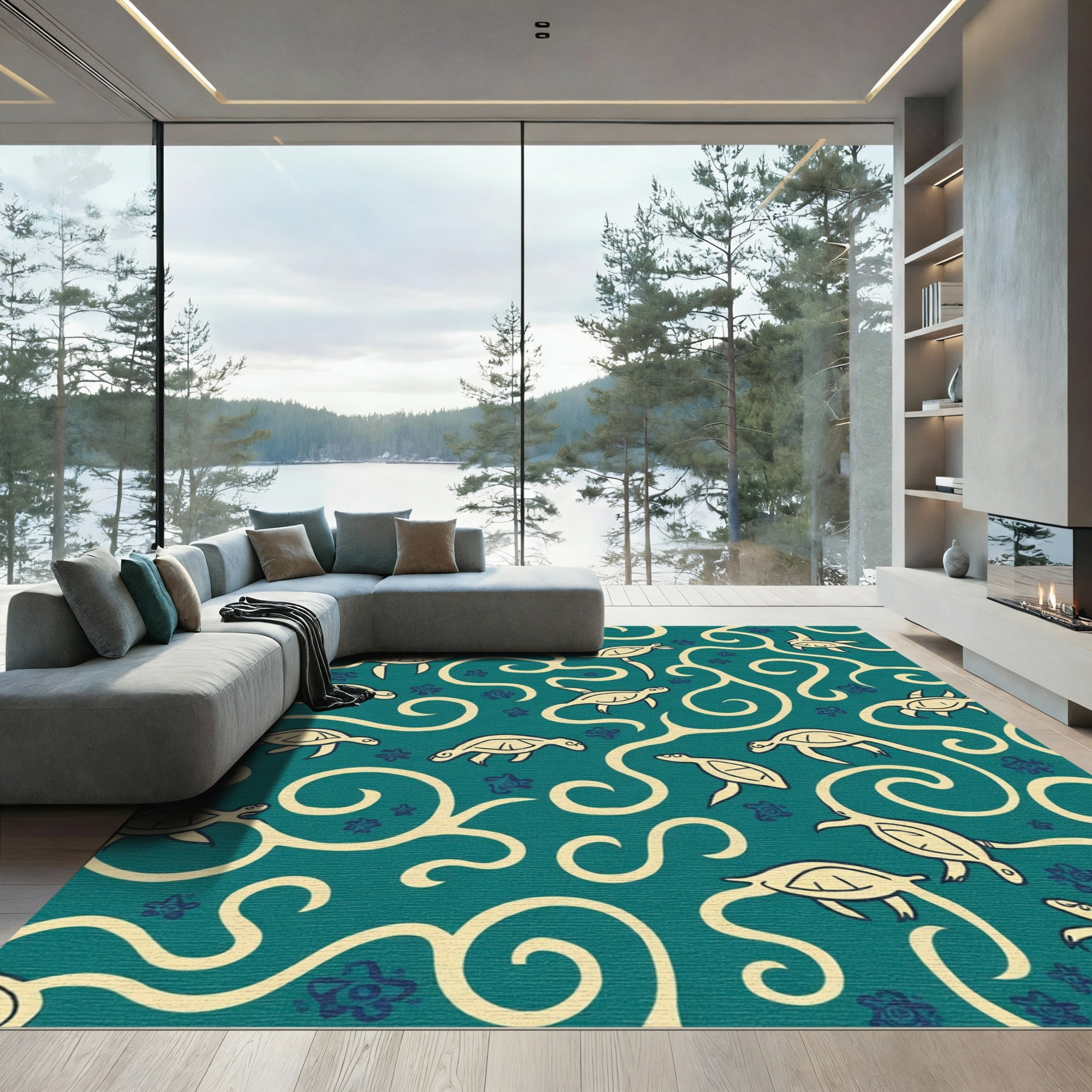 Coastal Teal Turtle Swirl Arrangement Rug